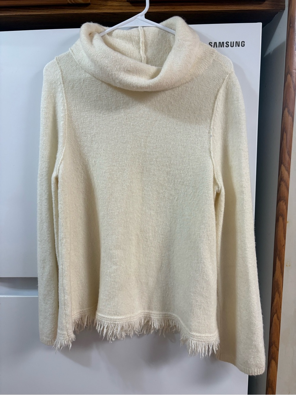 Anthropologie Cream Cowl Neck Fringe Hem Sweater
